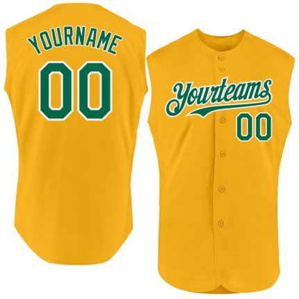 Personalized Gold Baseball Jersey - Authentic Sleeveless in Kelly Green and White Personalized Gold Kelly Green-White Authentic