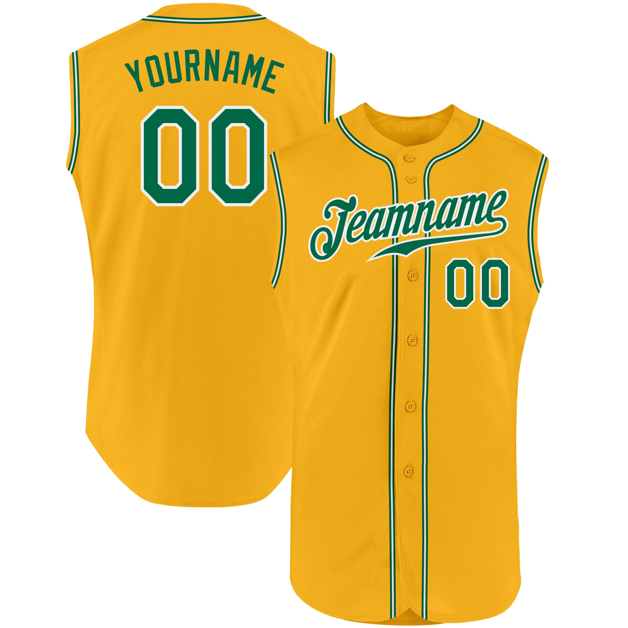 Custom Personalized Gold Green White Baseball Jersey Sleeveless with Team Name and Number Authentic Personalized Gold Kelly