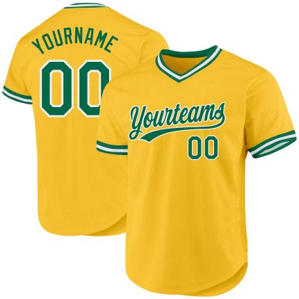 Custom Team Name Number Personalized Gold Baseball Jersey in Kelly Green-White Authentic Throwback Style Personalized Gold