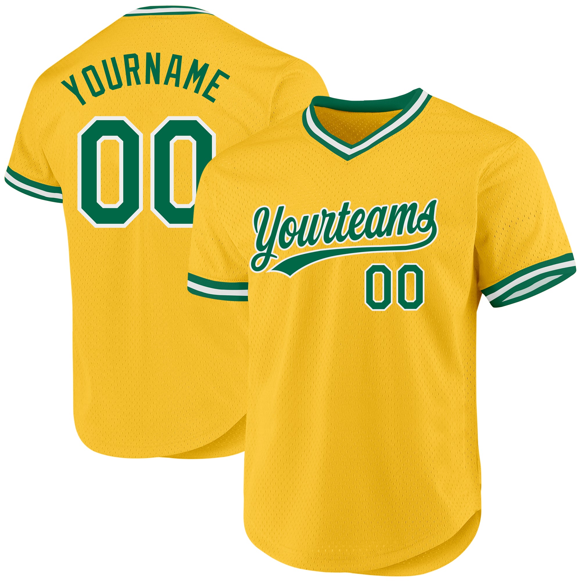Custom Team Name Number Personalized Gold Baseball Jersey in Kelly Green-White Authentic Throwback Style Personalized Gold