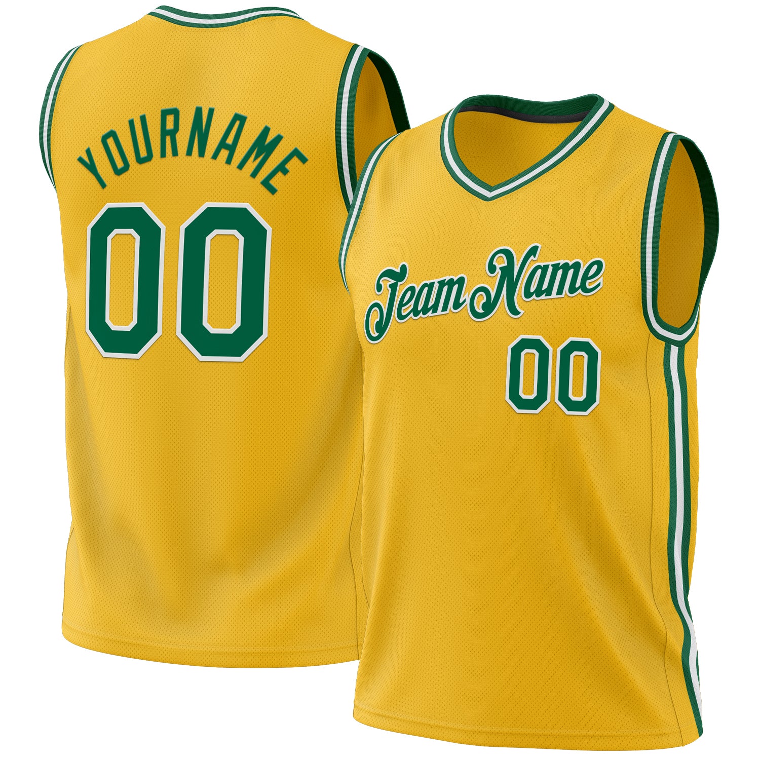 Personalized Gold Basketball Jersey in Kelly Green and White - Authentic Throwback Style Personalized Gold Kelly Green-White