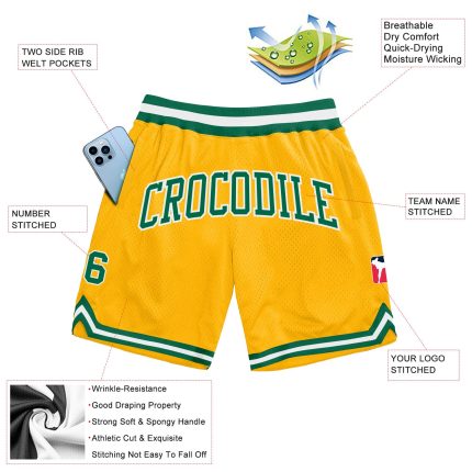 Personalized Gold Authentic Basketball Shorts - Kelly Green and White Throwback Design Personalized Gold Kelly Green-White