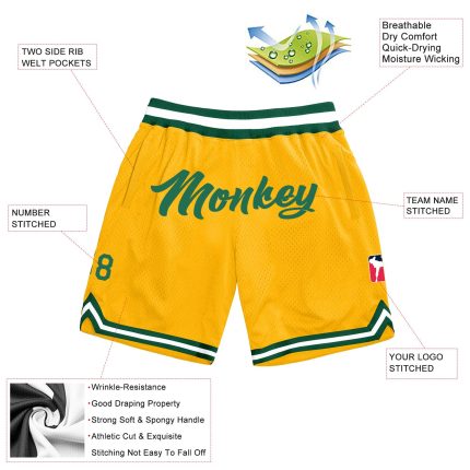 Custom Name Number Personalized Gold Green White Basketball Shorts Authentic Throwback Personalized Gold Kelly Green-White