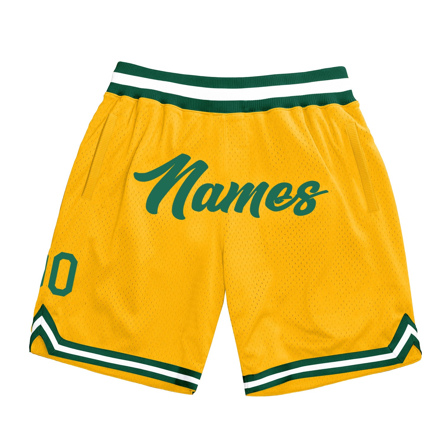 Custom Name Number Personalized Gold Green White Basketball Shorts Authentic Throwback Personalized Gold Kelly Green-White