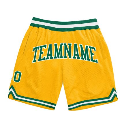 Personalized Gold Authentic Basketball Shorts - Kelly Green and White Throwback Design Personalized Gold Kelly Green-White