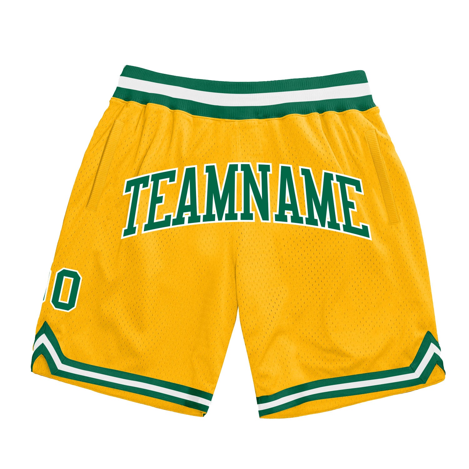 Personalized Gold Authentic Basketball Shorts - Kelly Green and White Throwback Design Personalized Gold Kelly Green-White