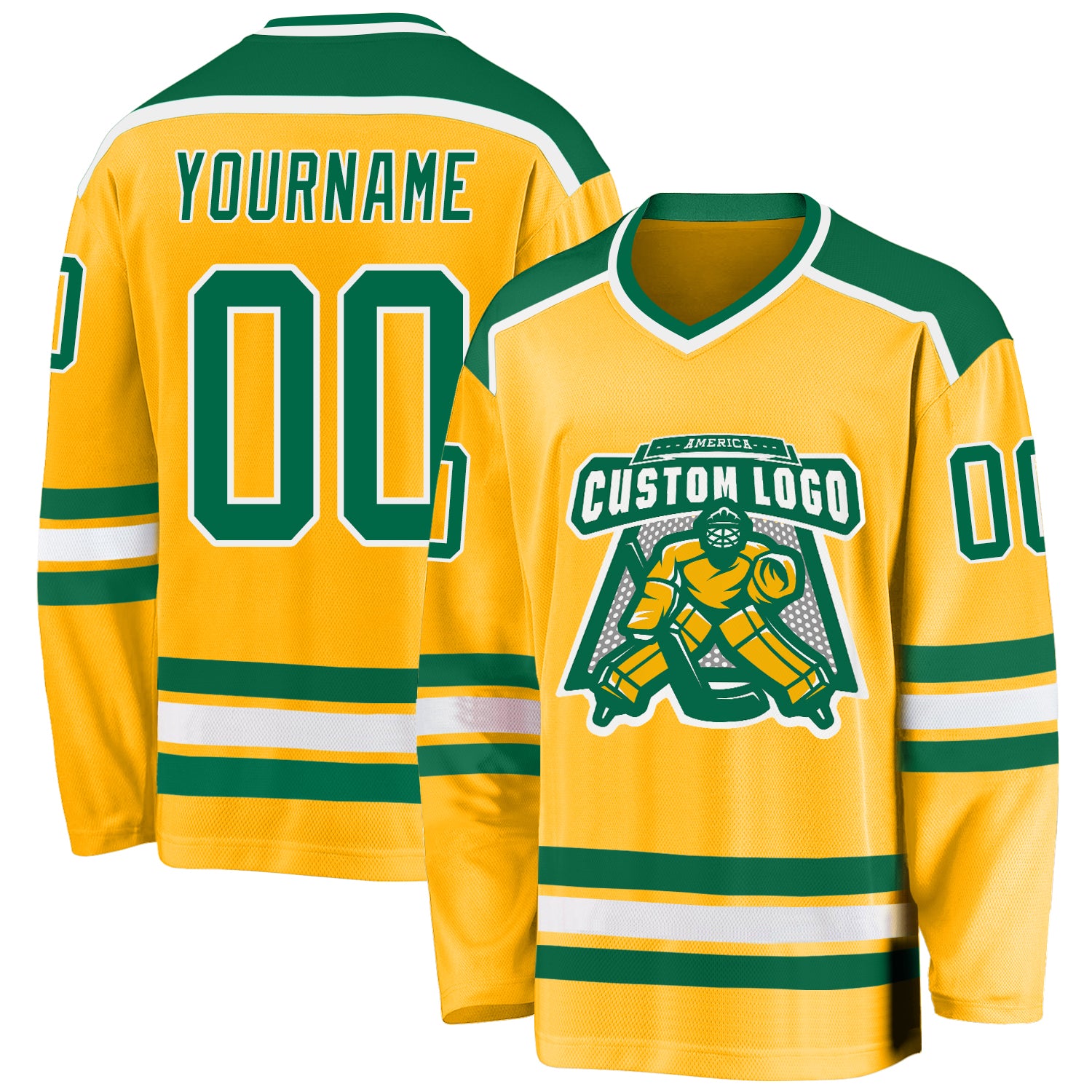 Personalized Gold Hockey Jersey in Kelly Green and White - Custom Team Apparel Personalized Gold Kelly Green-White Hockey