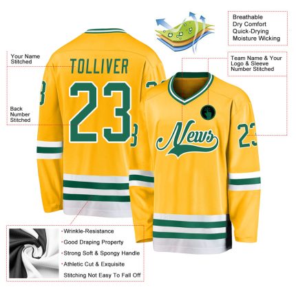 Custom Name and Number Hockey Jersey in Personalized Gold, Kelly Green and White - Team Sports Apparel Personalized Gold