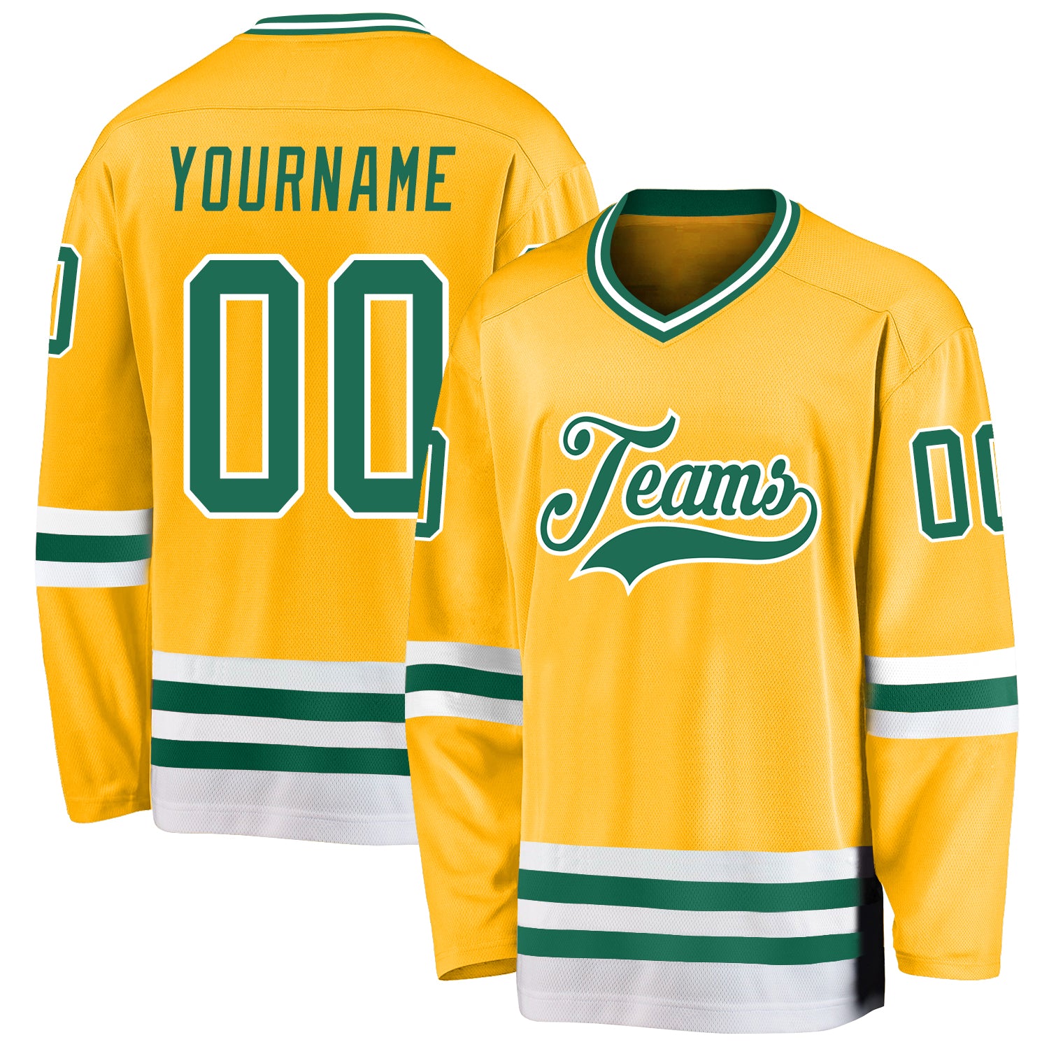 Custom Name and Number Hockey Jersey in Personalized Gold, Kelly Green and White - Team Sports Apparel Personalized Gold