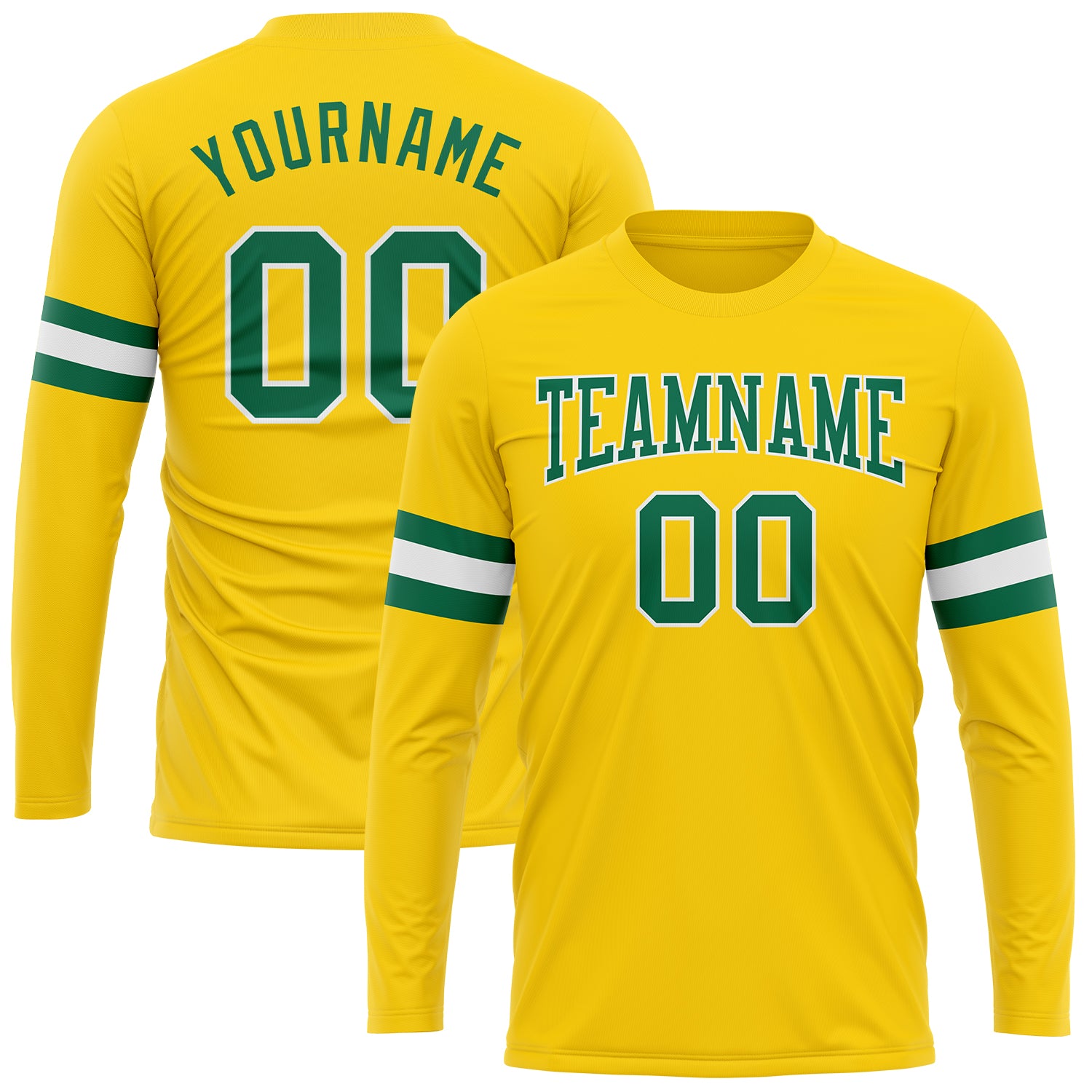 Custom Name Number Performance T-Shirt - Personalized Gold Kelly Green-White Long Sleeve Design Personalized Gold Kelly Green-White