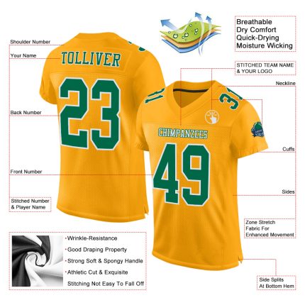 Personalized Gold Kelly Green White Authentic Football Jersey for Men Personalized Gold Kelly Green-White Mesh Authentic