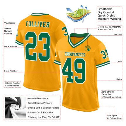 Personalized Gold Kelly Green White Football Jersey - Authentic Throwback Mesh Jersey Personalized Gold Kelly Green-White