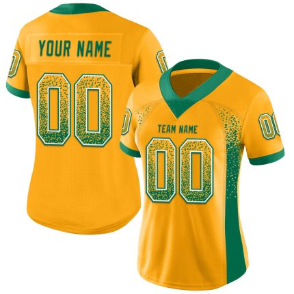 Custom Gold Football Jersey with Kelly Green and White Mesh - Personalized Name & Number Personalized Gold Kelly Green-White