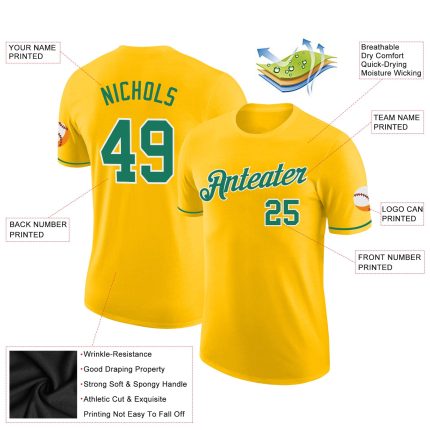 Custom Name Number Personalized Gold Kelly Green-White Performance T-Shirt Personalized Gold Kelly Green-White Performance