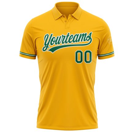 Custom Team Name Number Golf Polo Shirt - Personalized Gold Kelly Green-White Performance Vapor Personalized Gold Kelly Green-White