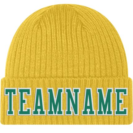 Custom Name Number Personalized Knit Hat in Kelly Green White - Gold Cuffed Beanie Personalized Gold Kelly Green-White Stitched