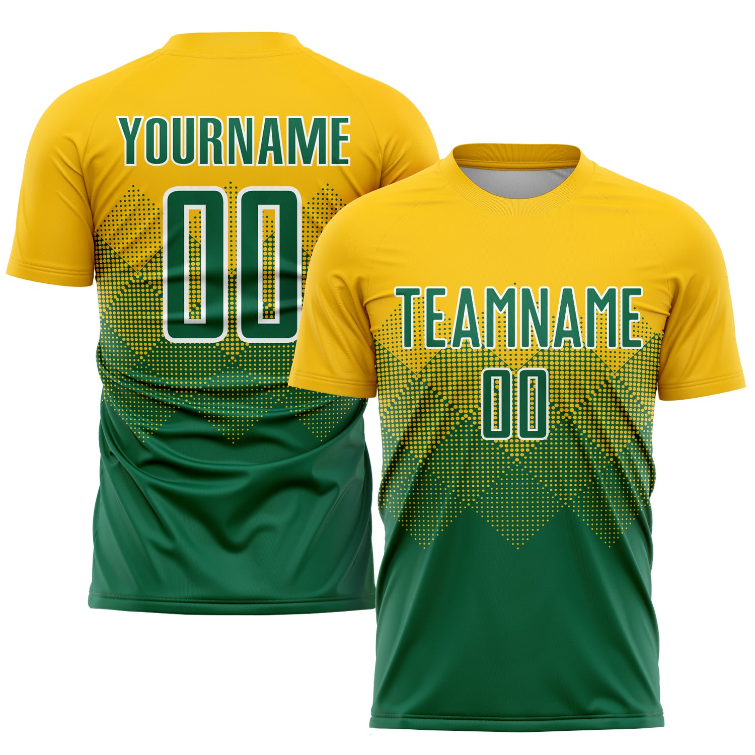 Custom Personalized Soccer Jersey with Gold and Kelly Green Design, Team Name and Number - White Sublimation Uniform Personalized