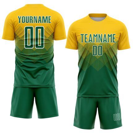 Custom Personalized Soccer Jersey with Gold and Kelly Green Design, Team Name and Number - White Sublimation Uniform Personalized