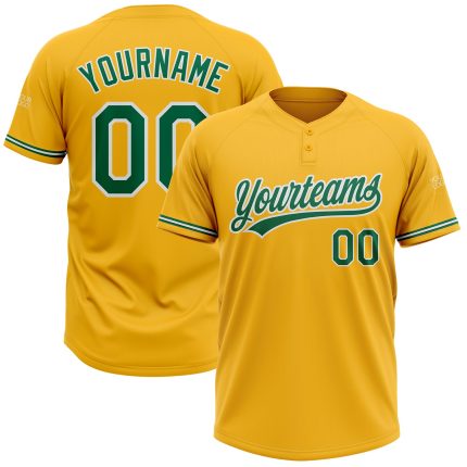 Personalized Gold Two-Button Unisex Softball Jersey - Green and White Color Personalized Gold Kelly Green-White Two-Button