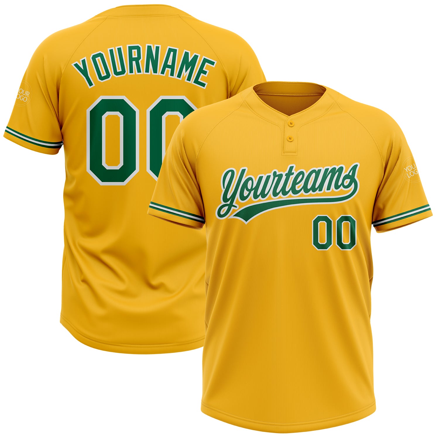 Personalized Gold Two-Button Unisex Softball Jersey - Green and White Color Personalized Gold Kelly Green-White Two-Button