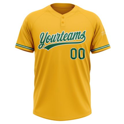 Personalized Gold Two-Button Unisex Softball Jersey - Green and White Color Personalized Gold Kelly Green-White Two-Button