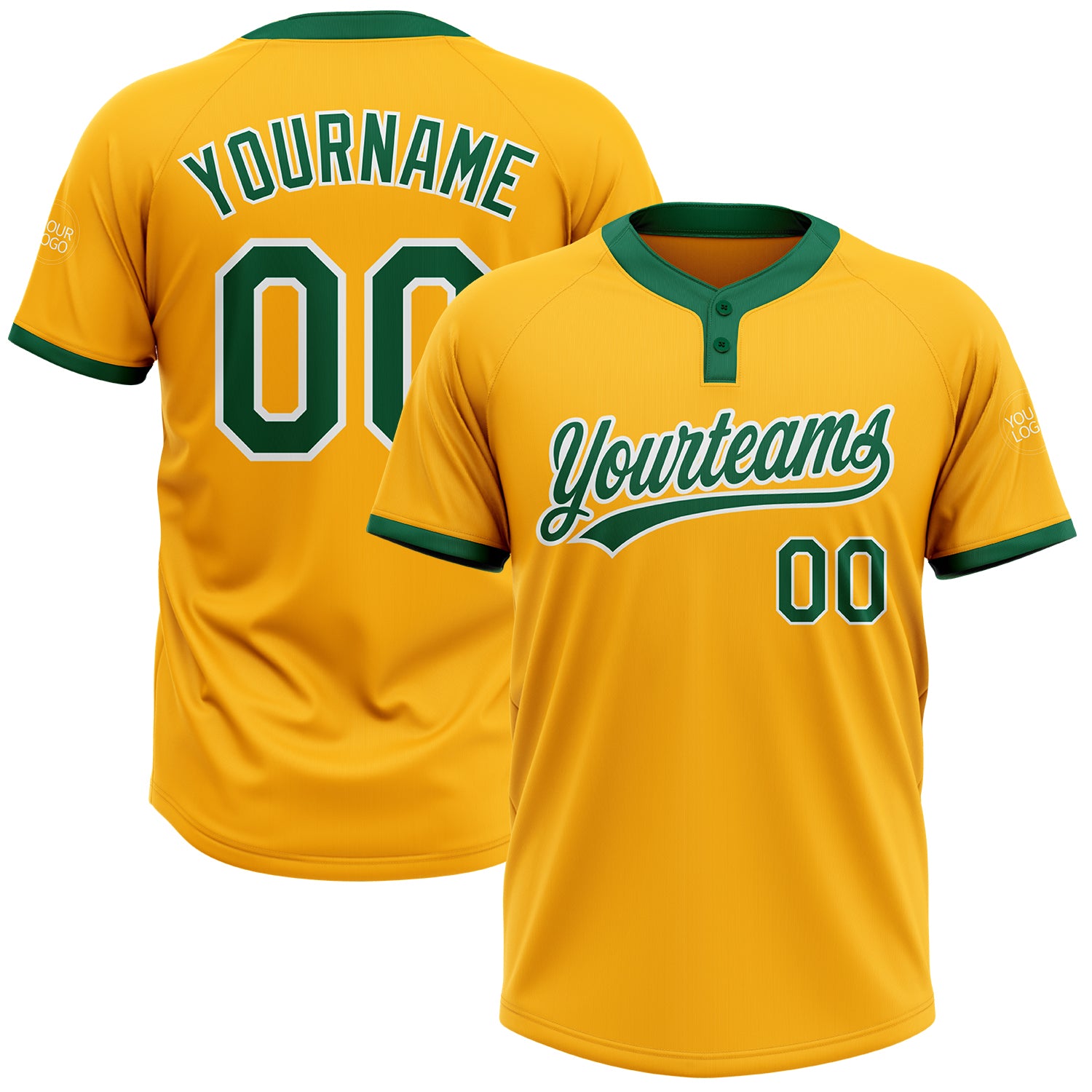 Custom Name Number Unisex Softball Jersey - Personalized Gold Kelly Green-White Two-Button Design Personalized Gold Kelly