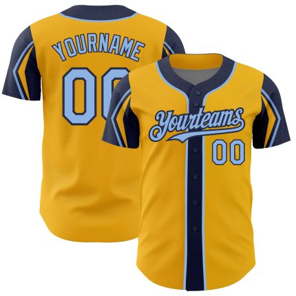 Custom Name and Number Personalized Baseball Jersey in Gold Light Blue-Navy, Authentic Team Colors and Arm Shapes Personalized