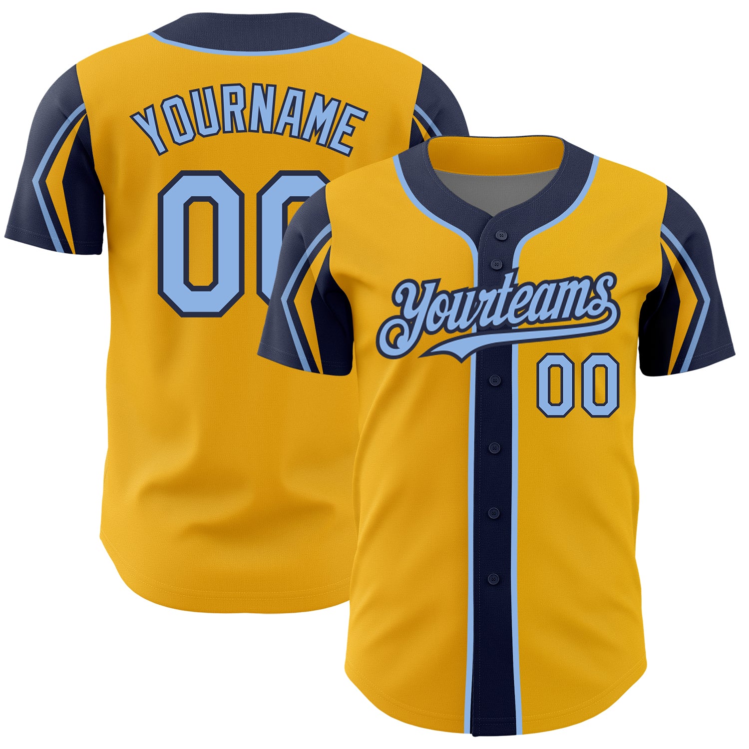 Custom Name and Number Personalized Baseball Jersey in Gold Light Blue-Navy, Authentic Team Colors and Arm Shapes Personalized