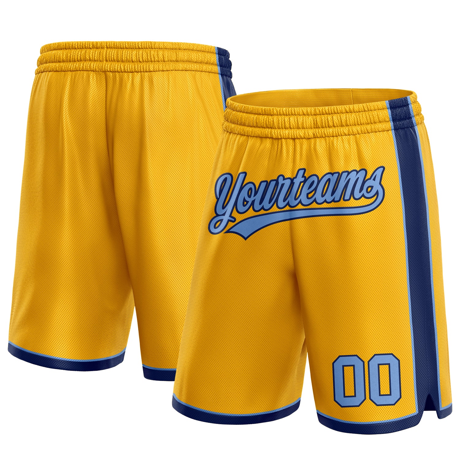 Custom Personalized Gold Light Blue-Navy Basketball Shorts with Team Name and Number Personalized Gold Light Blue-Navy Authentic