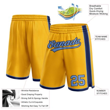 Custom Personalized Gold Light Blue-Navy Basketball Shorts with Team Name and Number Personalized Gold Light Blue-Navy Authentic