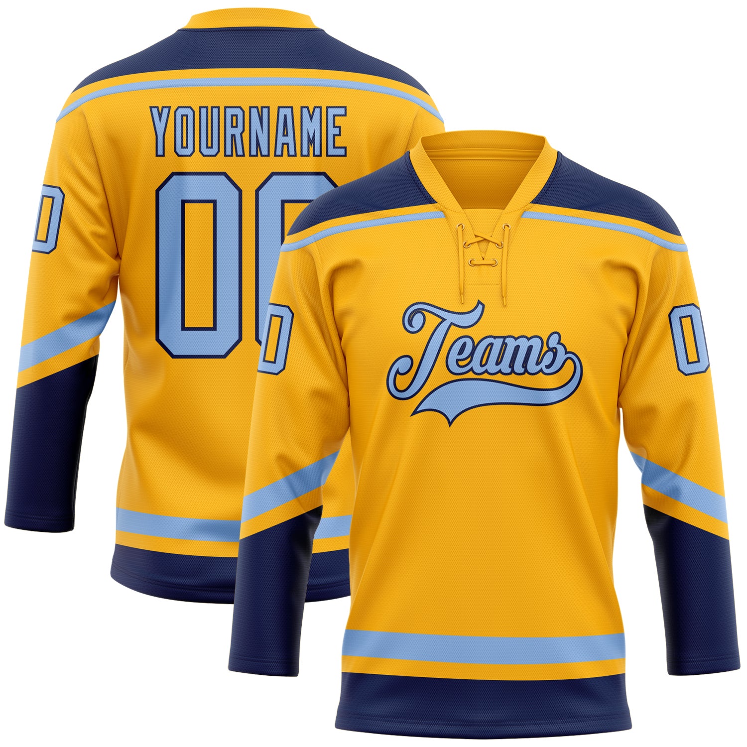 Custom Light Blue Navy Hockey Jersey with Personalized Name and Number - Gold Lace Design Personalized Gold Light Blue-Navy