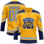 Custom Light Blue Navy Hockey Jersey with Personalized Name and Number - Gold Lace Design Personalized Gold Light Blue-Navy