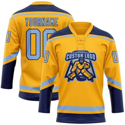 Custom Light Blue Navy Hockey Jersey with Personalized Name and Number - Gold Lace Design Personalized Gold Light Blue-Navy