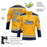Custom Light Blue Navy Hockey Jersey with Personalized Name and Number - Gold Lace Design Personalized Gold Light Blue-Navy