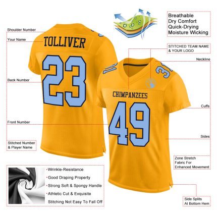 Personalized Gold Light Blue Navy Mesh Authentic Football Jersey Custom Name Number Personalized Gold Light Blue-Navy Mesh