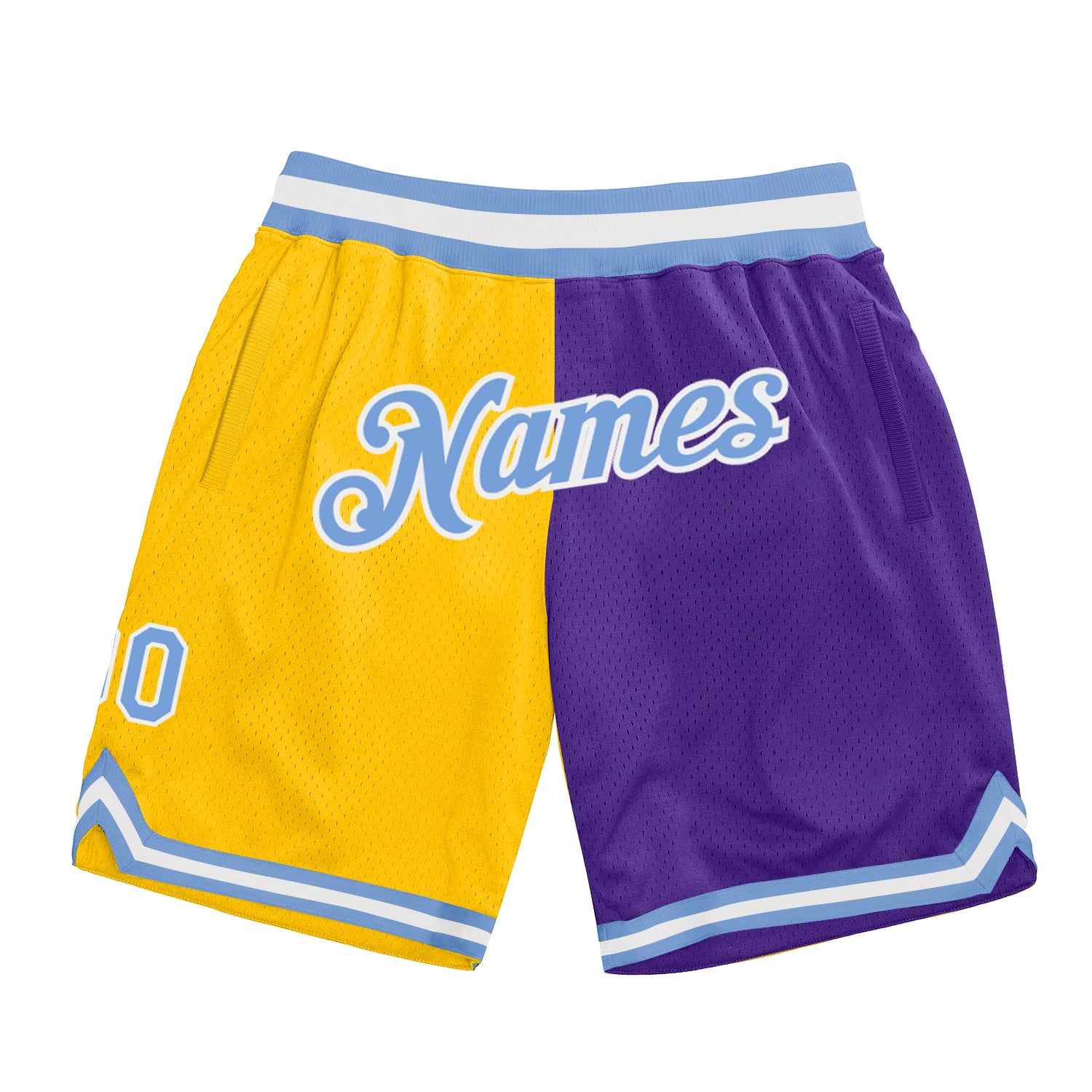 Custom Name Number Light Blue Purple Authentic Throwback Fashion Basketball Shorts Personalized Gold Team Personalized Gold