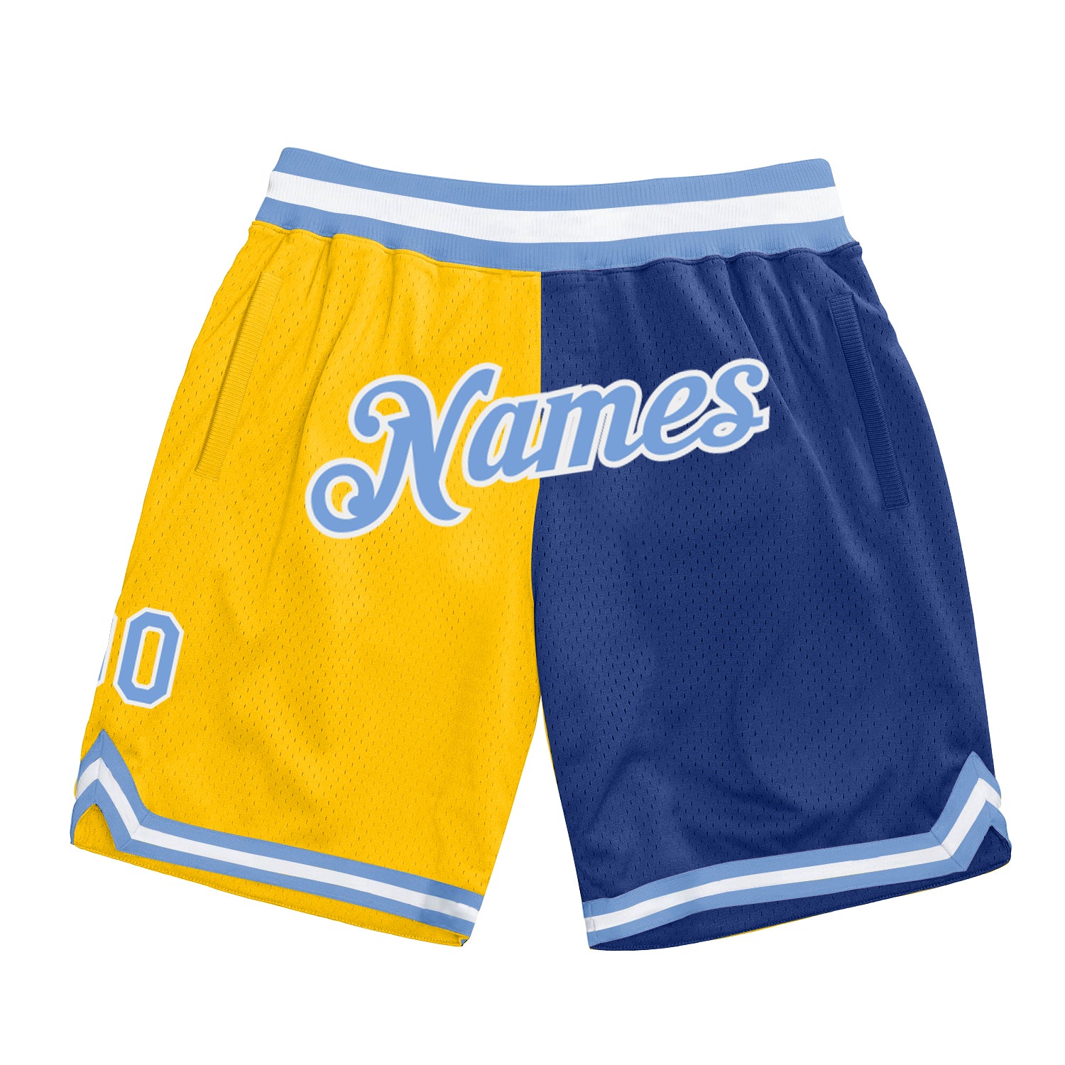Custom Name Number Authentic Basketball Shorts Personalized Gold Light Blue-Royal Team Throwback Split Fashion Personalized
