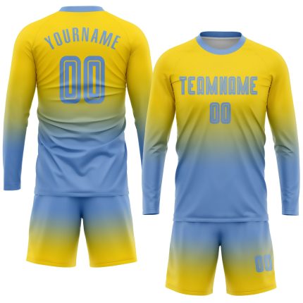 Personalized Gold Light Blue Soccer Jersey Custom Name & Number, Long Sleeve Fade Design - Fashion Uniform Personalized Gold