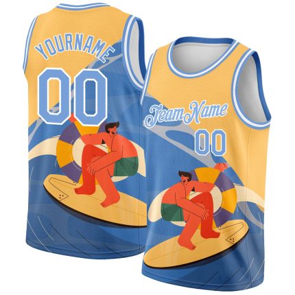 Custom Name Number Personalized Basketball Jersey Gold Light Blue White 3D Pattern Summer Beach Surfing Team Outfit Personalized