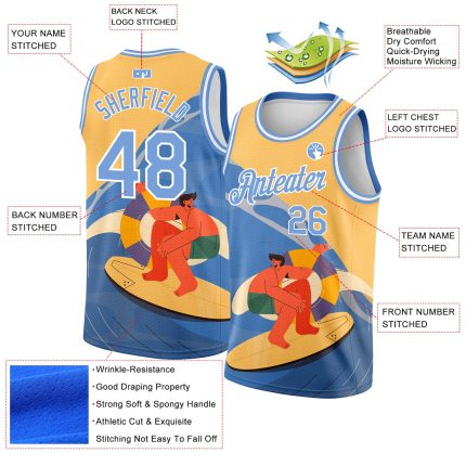 Custom Name Number Personalized Basketball Jersey Gold Light Blue White 3D Pattern Summer Beach Surfing Team Outfit Personalized