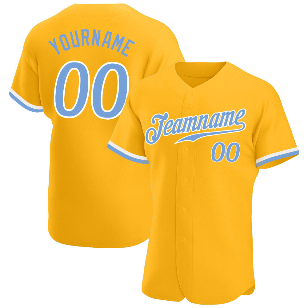 Custom Name Number Authentic Baseball Jersey in Gold Light Blue White Personalized Gold Light Blue-White Authentic Baseball
