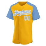 Custom Name and Number Personalized Gold Light Blue-White Baseball Jersey with Authentic Raglan Sleeves Personalized Gold