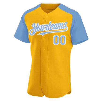Custom Name and Number Personalized Gold Light Blue-White Baseball Jersey with Authentic Raglan Sleeves Personalized Gold