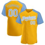Custom Name and Number Personalized Gold Light Blue-White Baseball Jersey with Authentic Raglan Sleeves Personalized Gold