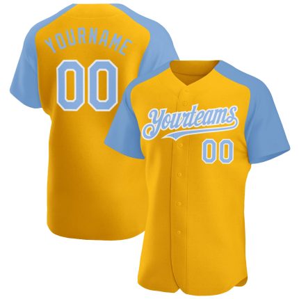 Custom Name and Number Personalized Gold Light Blue-White Baseball Jersey with Authentic Raglan Sleeves Personalized Gold