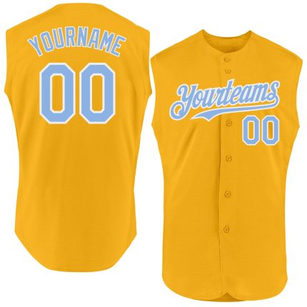 Personalized Gold Light Blue White Baseball Jersey - Authentic Sleeveless Design Personalized Gold Light Blue-White Authentic