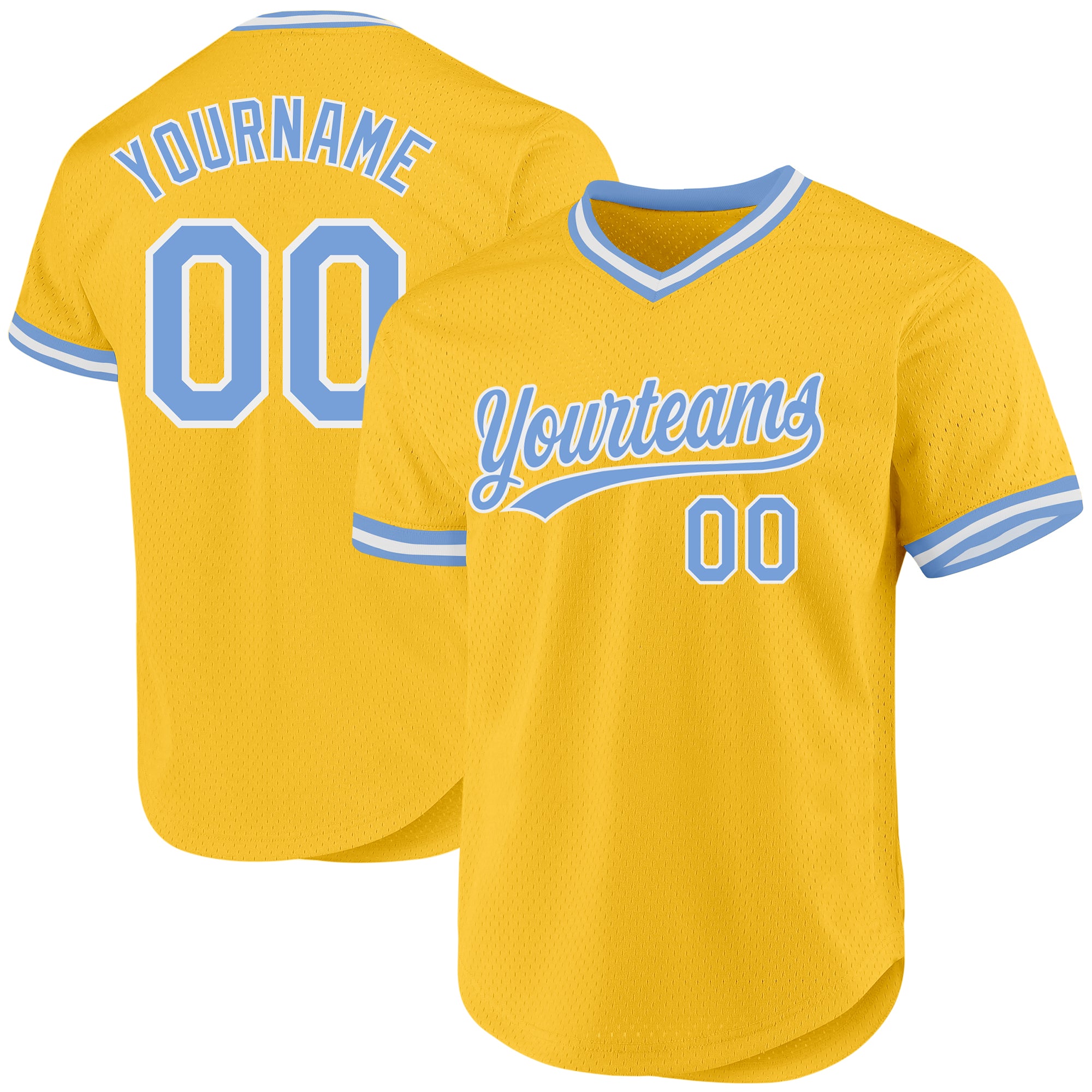 Custom Name and Number Personalized Gold Light Blue White Baseball Jersey - Authentic Throwback Design Personalized Gold