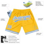 Personalized Gold Basketball Shorts with Light Blue and White Design - Authentic Throwback Style Personalized Gold Light