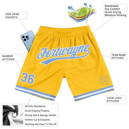 Personalized Gold Basketball Shorts with Light Blue and White Design - Authentic Throwback Style Personalized Gold Light