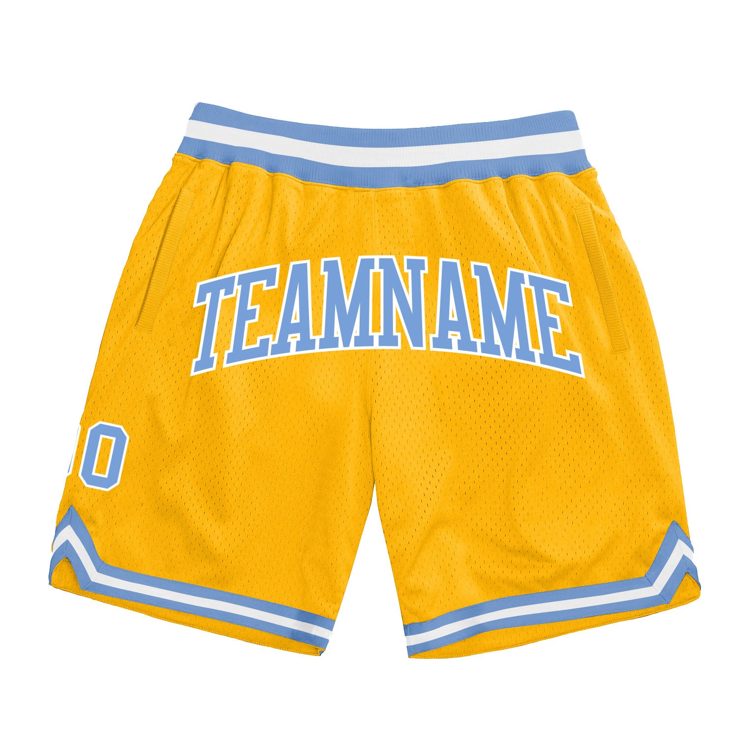 Custom Name and Number Personalized Basketball Shorts Light Blue and White Authentic Gold Throwback Design Personalized Gold